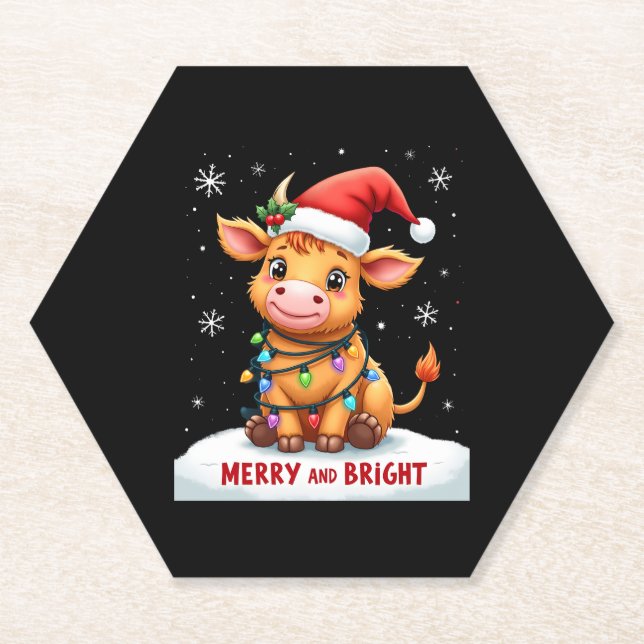 Cute Highland Baby Cow Christmas Lights Merry & Br Untersetzer (Vorderseite)