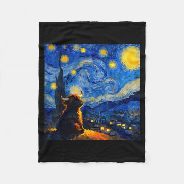 Cute Highland Baby Cow Graphic Van Gogh Style Star Fleecedecke (Vorderseite)