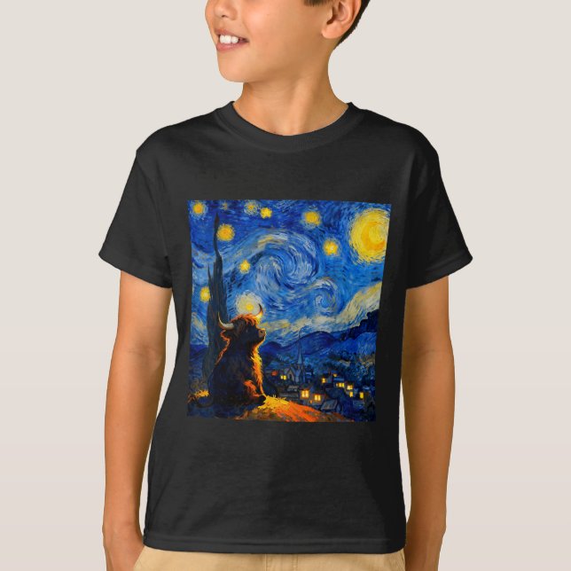 Cute Highland Baby Cow Graphic Van Gogh Style Star T-Shirt (Vorderseite)
