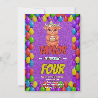 Cute Highland Cow 4th Birthday Invitation Einladung