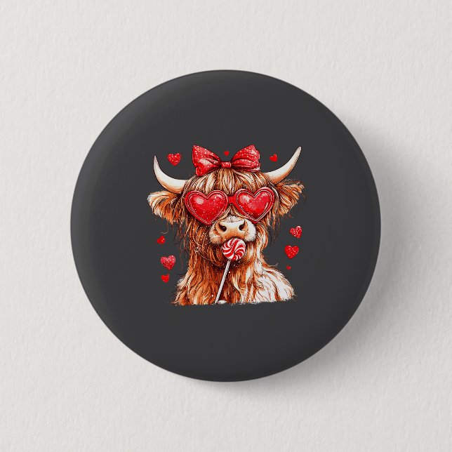 Cute Highland Cow Candy Cane Heart Valentines Day  Button (Vorderseite)