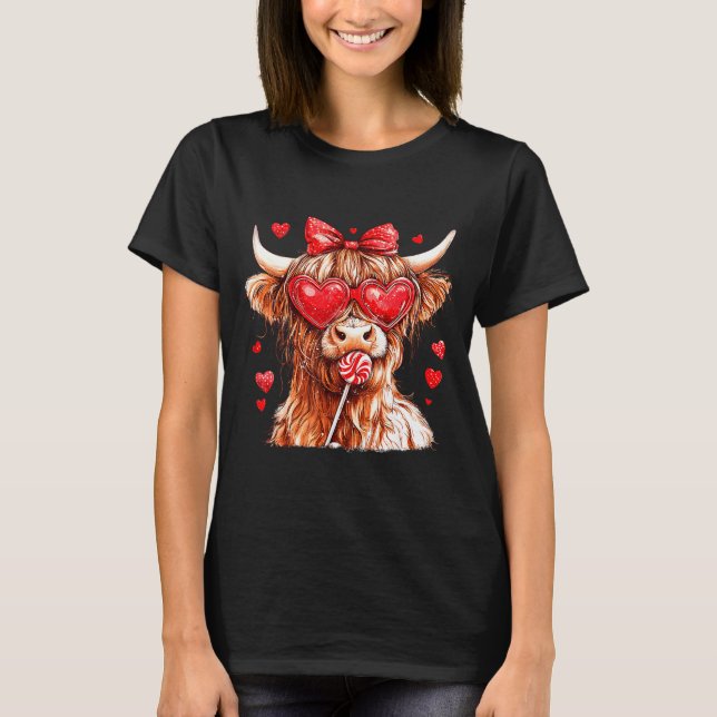 Cute Highland Cow Candy Cane Heart Valentines Day  T-Shirt (Vorderseite)