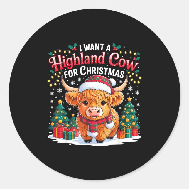 Cute Highland Cow Christmas Funny Santa Lights Hol Runder Aufkleber (Vorderseite)
