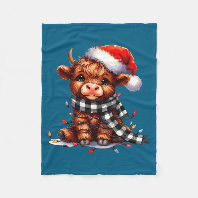Cute Highland Cow Christmas Lights Santa Hat Winte Fleecedecke (Vorderseite)