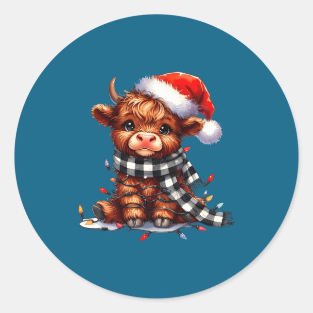 Cute Highland Cow Christmas Lights Santa Hat Winte Runder Aufkleber (Vorderseite)