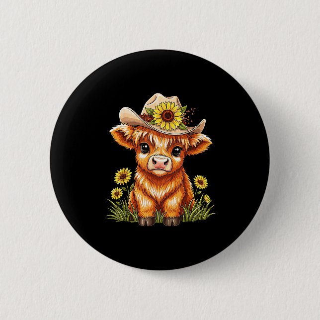 Cute Highland Cow Sunflower Farm Scottish Highland Button (Vorderseite)