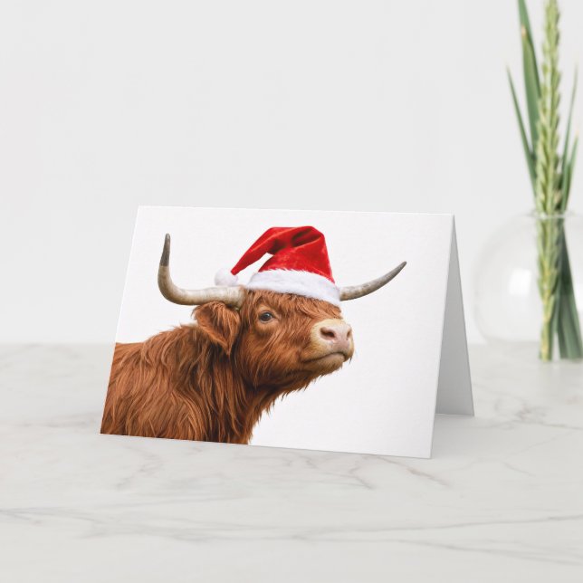 Cute Highland Cow with Santa Hat Christmas Karte (Vorderseite)