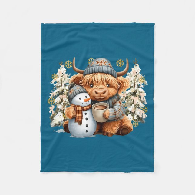 Cute Highland Cow With Snowman Hot Cocoa Christmas Fleecedecke (Vorderseite)