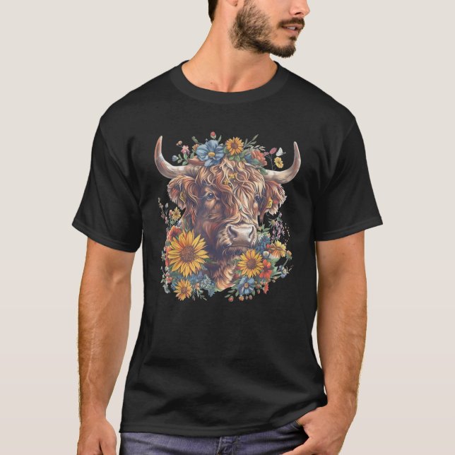 Cute Highland Cow With Sunflowers Funny Calf Anima T-Shirt (Vorderseite)