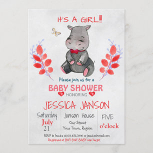 CUTE HIPPO BABY SHOWER FILLE INVITATION