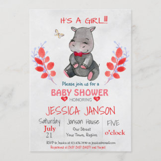 CUTE HIPPO BABY SHOWER FILLE INVITATION