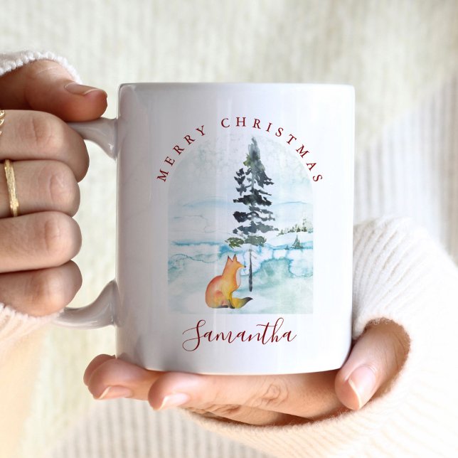 Cute hiver de Noël Café Mugs (Christmas coffee mugs feature a watercolor winter scene with fox. Personalized with your name)