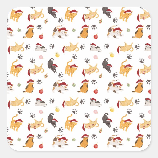 Cute Holiday Cat Pattern Quadratischer Aufkleber (Vorderseite)