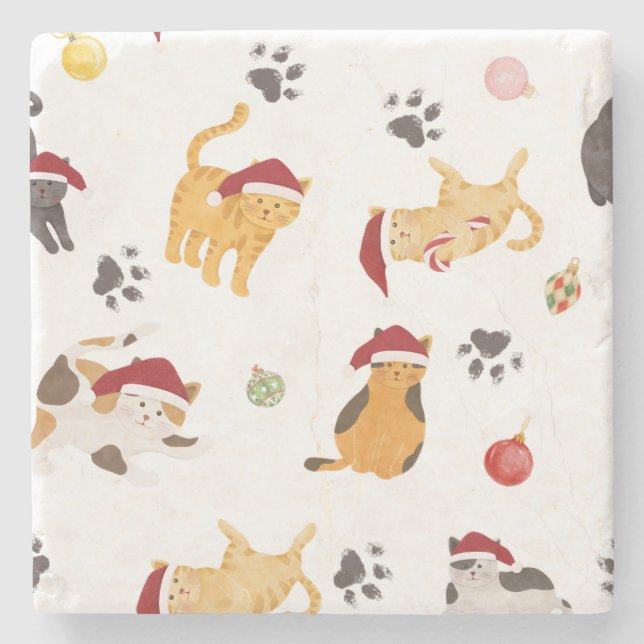 Cute Holiday Cat Pattern Steinuntersetzer (Vorderseite)