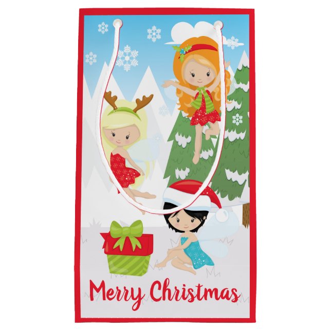 Cute Holiday Fairies with Present & Snowflakes Kleine Geschenktüte (Vorderseite)