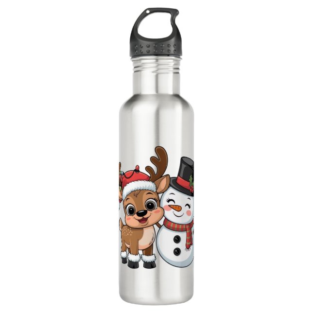 Cute Holiday Reindeer & Snowman Edelstahlflasche (Vorderseite)