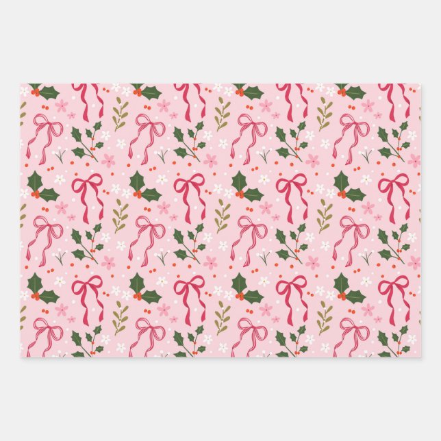 Cute Holly and Bow Wrapping Paper Geschenkpapier Set (Vorderseite)