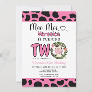 Cute Holy Cow Moo Moo 2nd Birthday Party Floral Einladung