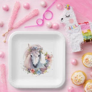 Cute Horse Pony Flowers Kids Birthday Party Pappteller