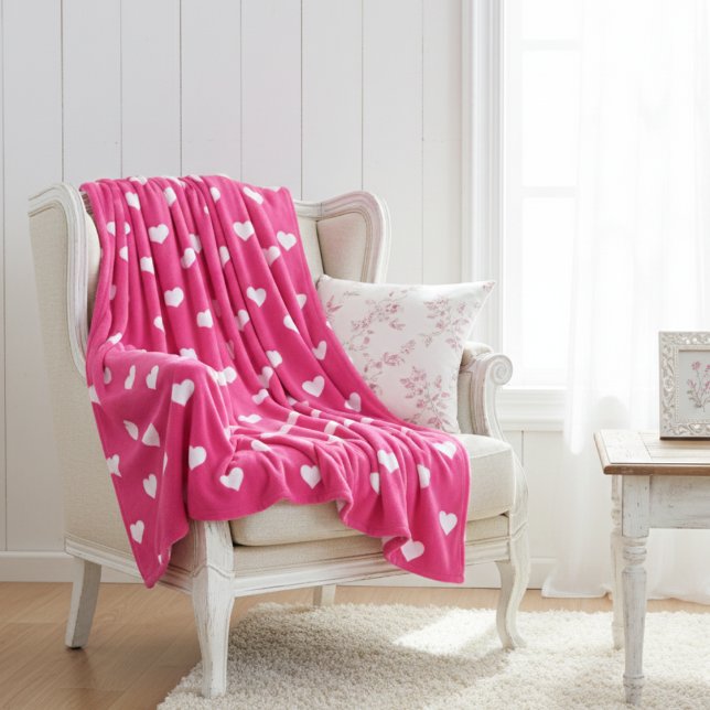 Cute Hot Pink with White Hearts  Fleecedecke (Cute Hot Pink with White Hearts Fleece Blanket)