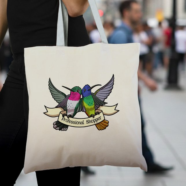 Cute Hummingbirds Add Your Own Text Ribbon Cartoon Tragetasche (Von Creator hochgeladen)