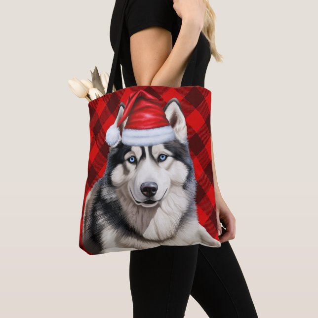 Cute Husky Christmas Dog Red Buffalo Plaid Tasche (Von Nahem)