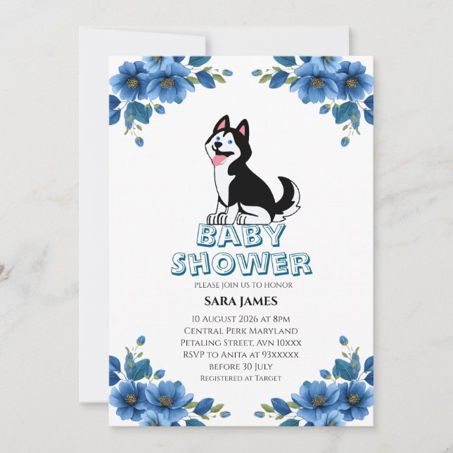  Cute Husky Dog Floral Baby Shower Invitation Einladung (Vorderseite)