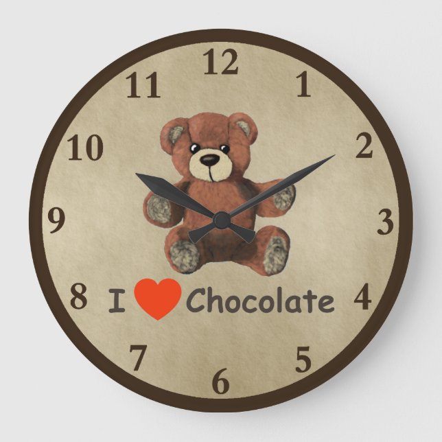 Cute I Heart (Love) Chocolate Teddy Bear Große Wanduhr (Vorderseite)
