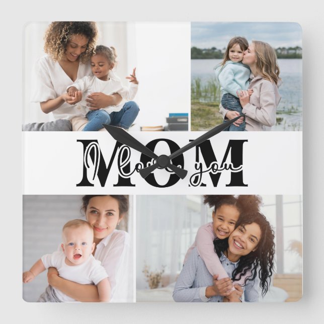 Cute I LOVE YOU MOM Mother's Day Photo Quadratische Wanduhr (Vorderseite)