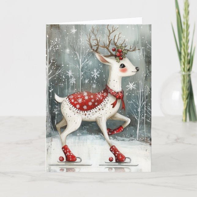 Cute Ice Skating Deer Christmas Feiertagskarte (Vorderseite)