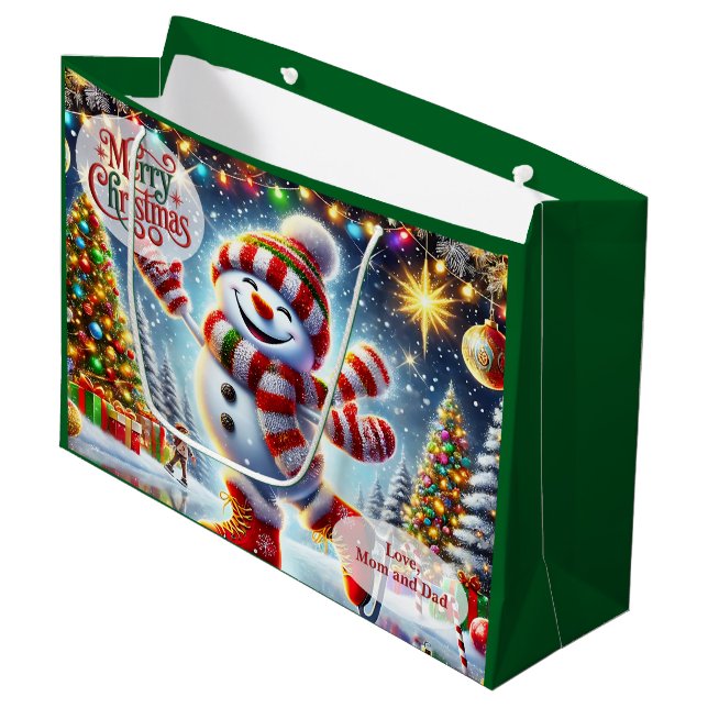 Cute Ice Skating Snowman Christmas Große Geschenktüte (Vorderseite Schrägansicht)