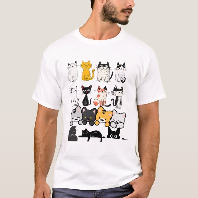 Cute Illustrated Cat Squad on Black Background T-Shirt (Vorderseite)