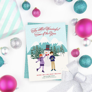 Cute Illustrated Snowman & Kids Non-Photo Feiertagskarte