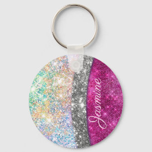 Cute iridescent pink silver faux glitter monogram schlüsselanhänger
