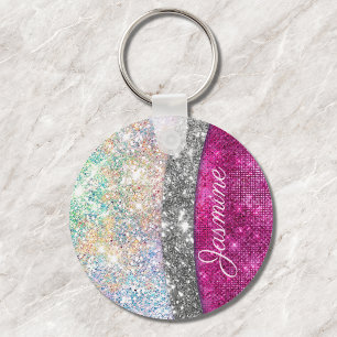 Cute iridescent pink silver faux glitter monogram schlüsselanhänger