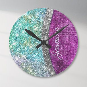 Cute iridescent purple teal faux glitter monogram runde wanduhr