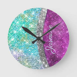 Cute iridescent purple teal faux glitter monogram runde wanduhr