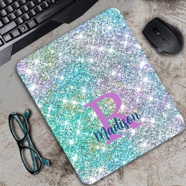 Cute iridescent unicorn blue faux glitter monogram mousepad (Von Creator hochgeladen)