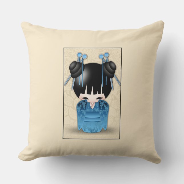 Cute Japanese Kokeshi Doll Dressed in Blue Kissen (Vorderseite)
