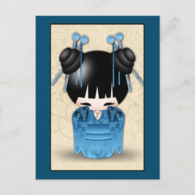Cute Japanese Kokeshi Doll Dressed in Blue Postkarte (Vorderseite)