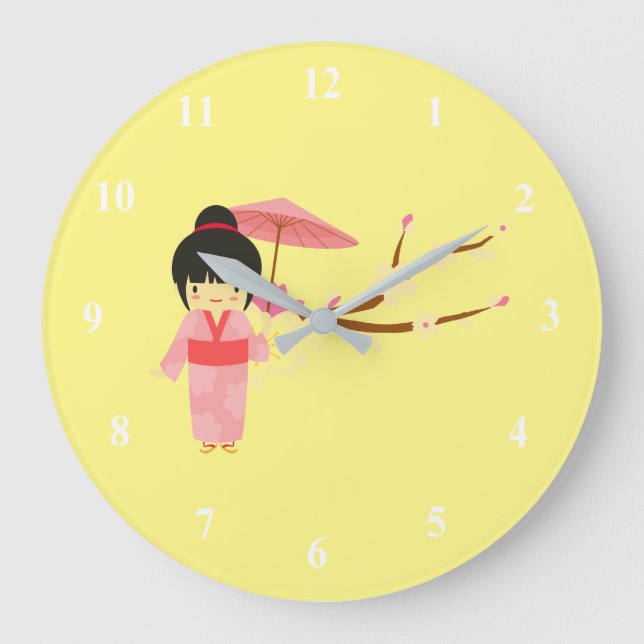 Cute Japanese pink Cherry Blossom Geisha Große Wanduhr (Vorderseite)