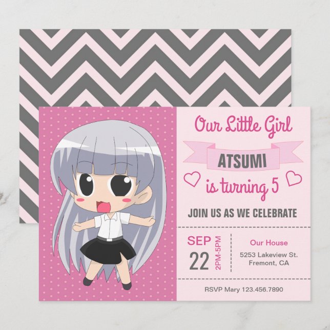 Cute Japonaise Anime Girl Anniversaire Invitation (Devant / Derrière)