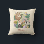Cute Jungle Animals Floral Custom Name Throw pil Kissen<br><div class="desc">Brighten up your child's room with this adorable throw pillow featuring a charming trio of jungle friends: a sloth, a koala, and a panda, all nestled in lush tropical greenery. This personalized pillow includes the name 'Olivia' in a sweet script that you can easily customize. Perfect for a jungle-themed nursery,...</div>