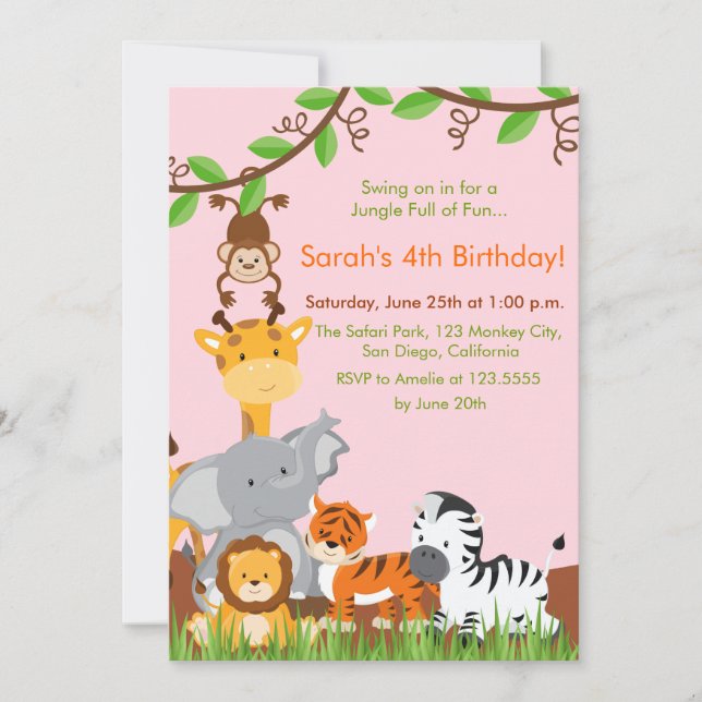 Cute Jungle Animaux Fille Anniversaire Invitation (Devant)