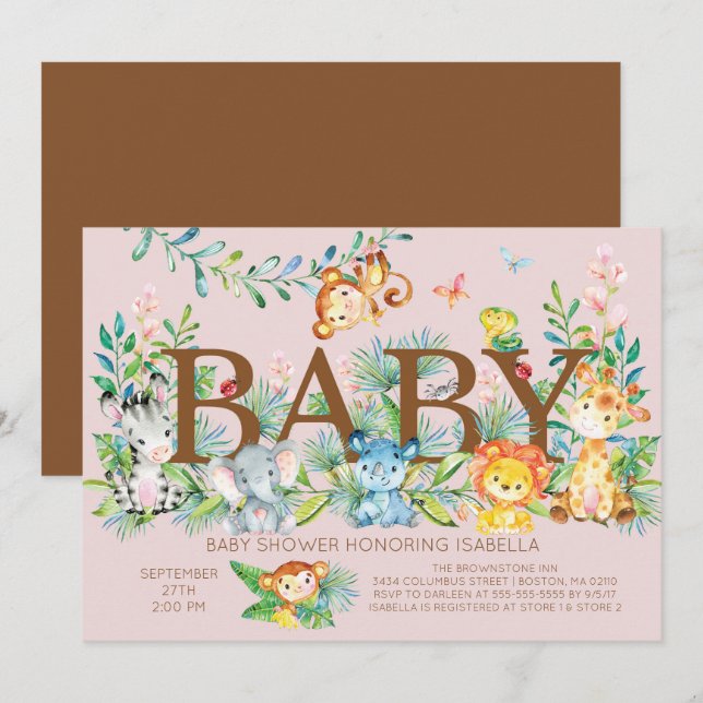 Cute Jungle Animaux Filles Baby shower Invitation (Devant / Derrière)