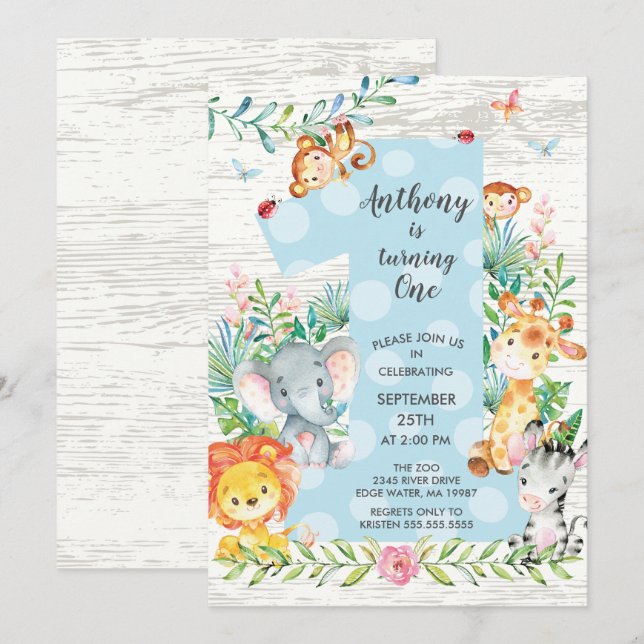 Cute Jungle Big One Boys Invitation Anniversaire (Devant / Derrière)