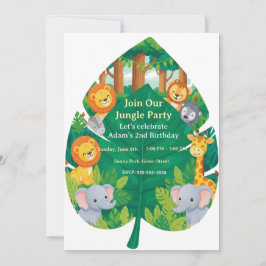 Cute Jungle Safari Animals Leaf Shape 2nd Birthday Einladung