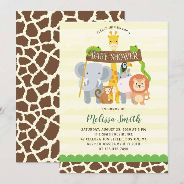 Cute Jungle Safari Animaux Baby shower Invitation (Devant / Derrière)