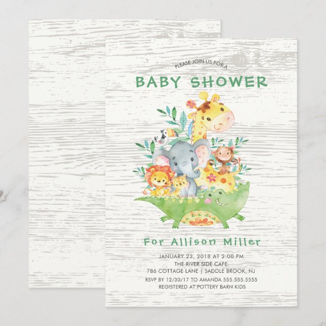 Cute Jungle Safari Animaux Bébé Douche Invitations (Devant / Derrière)