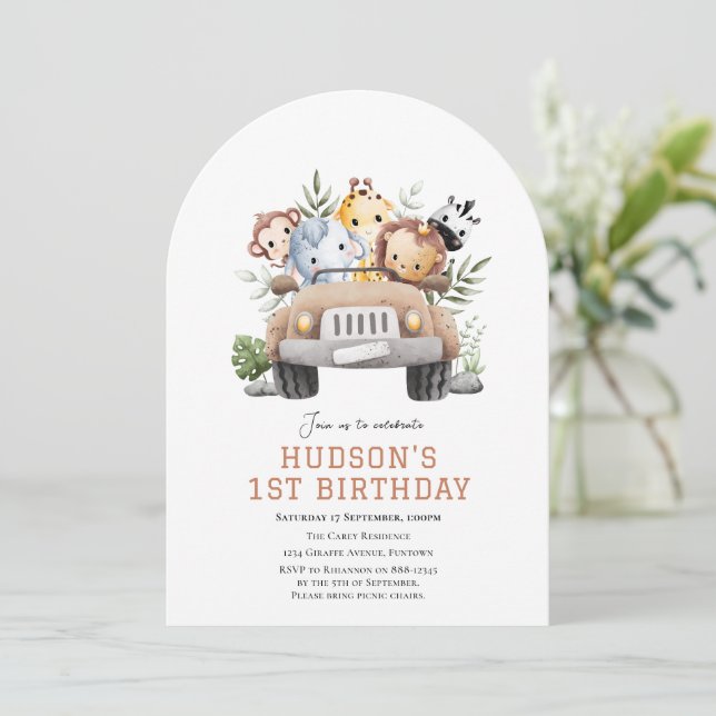 Cute Jungle Safari animaux invitation anniversaire (Debout devant)